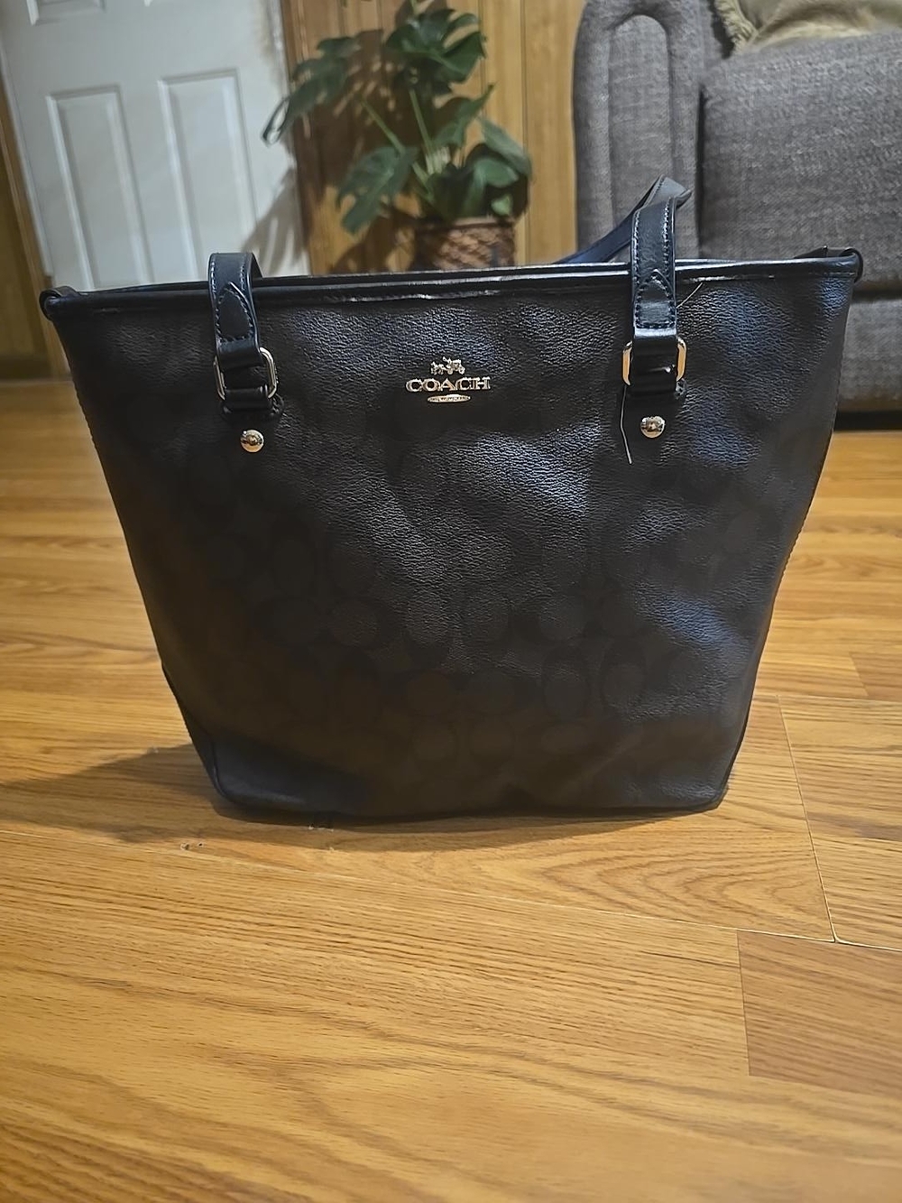Coach Black Signature Canvas Tote with Gold Hardware